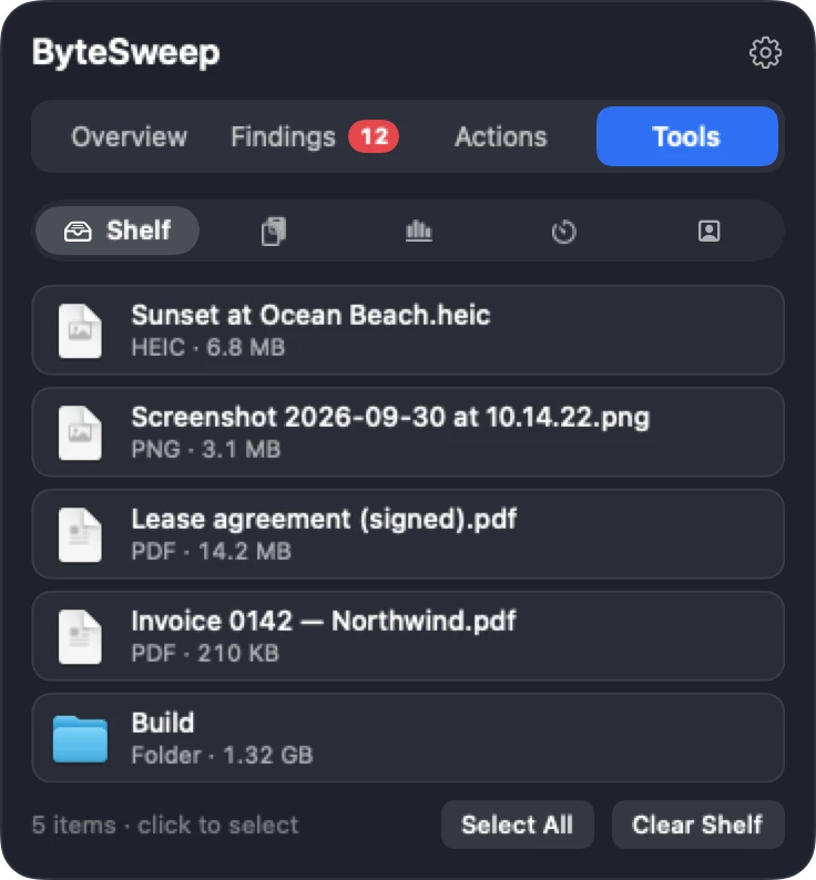 The Shelf in the Bytesweep notch panel, holding files dragged from Finder