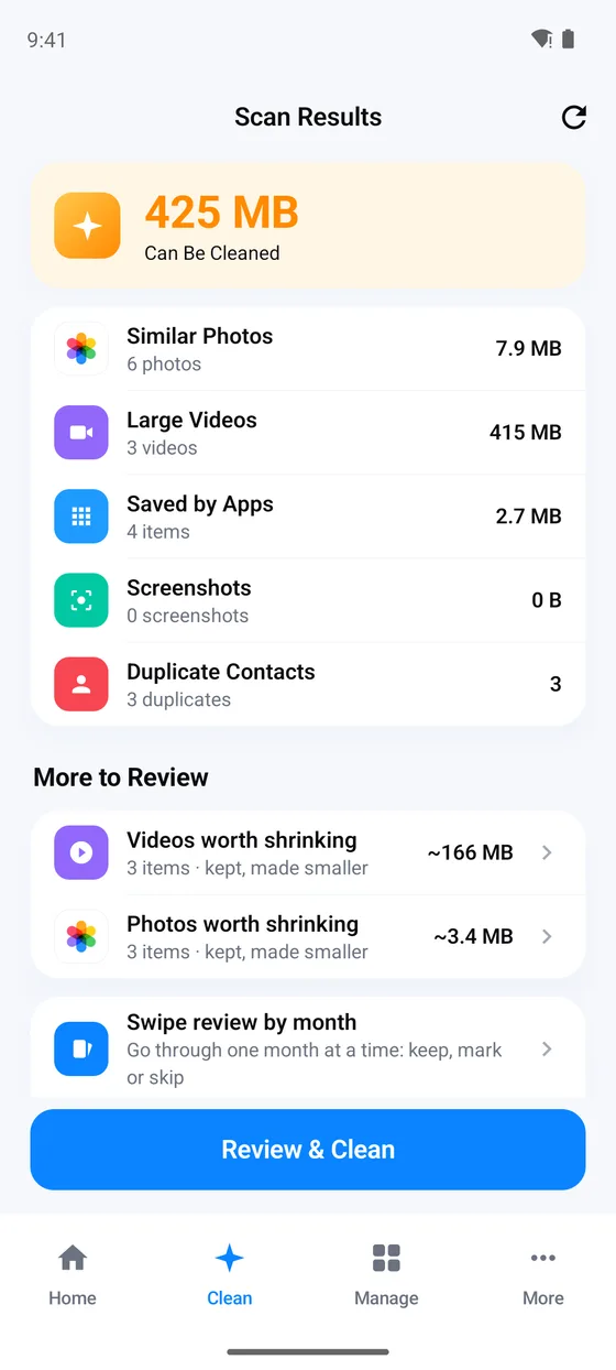 Scan Results: 425 MB can be cleaned, with similar photos, large videos, saved by apps, screenshots and duplicate contacts, then videos and photos worth shrinking and swipe review by month