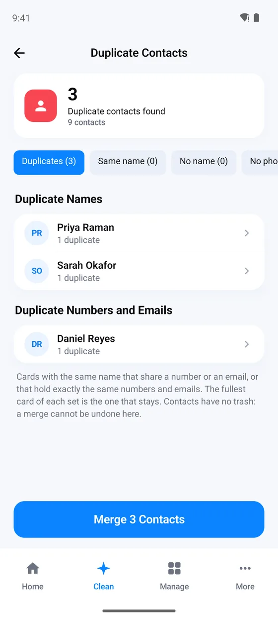 Duplicate Contacts: 3 duplicate contacts found across 9 cards, grouped as duplicate names and duplicate numbers and emails, with a Merge 3 Contacts button