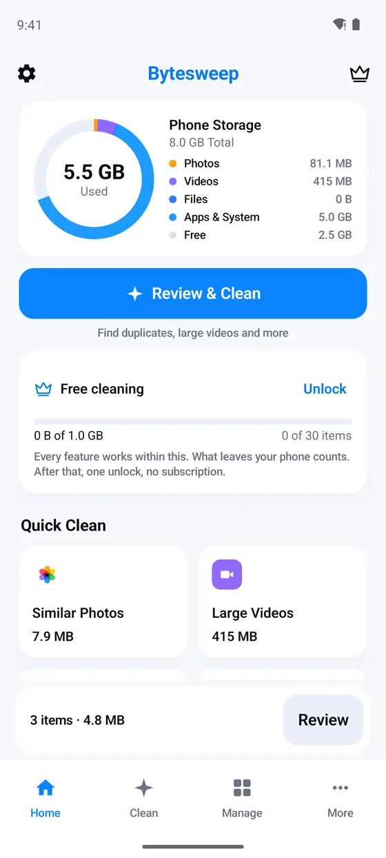 Bytesweep Storage Cleaner on an Android phone: a storage ring with 5.5 GB of 8 GB used, broken into photos, videos, files and apps, a Review and Clean button, the free cleaning allowance and Quick Clean tiles for similar photos and large videos