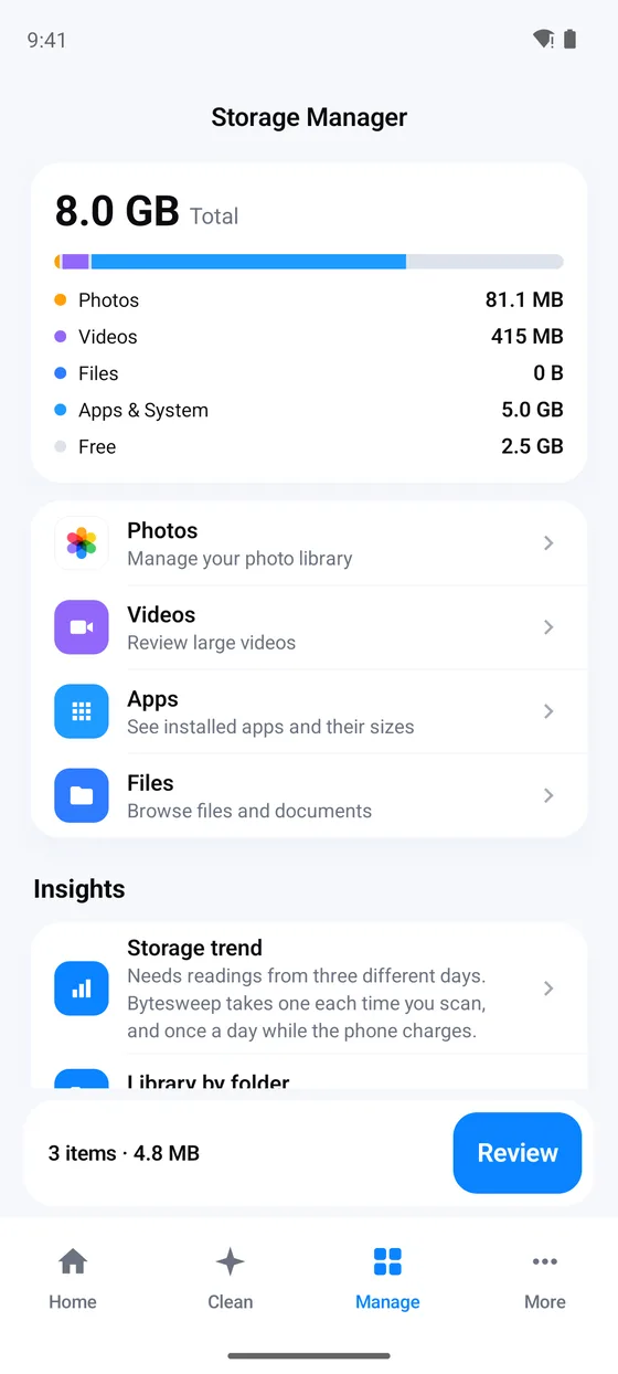 Storage Manager: 8.0 GB total, split into photos, videos, files, apps and system and free space, with rows for photos, videos, apps and files and a storage trend