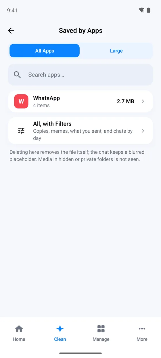 Saved by Apps: WhatsApp with 4 items taking 2.7 MB, an All, with Filters row for copies, memes, what you sent and chats by day, and a search box for apps