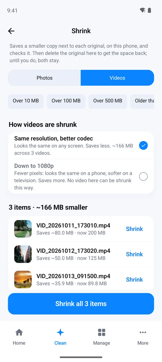 Shrink: videos worth shrinking, a choice between same resolution with a better codec and down to 1080p, three videos that would be about 166 MB smaller, and a Shrink all 3 items button