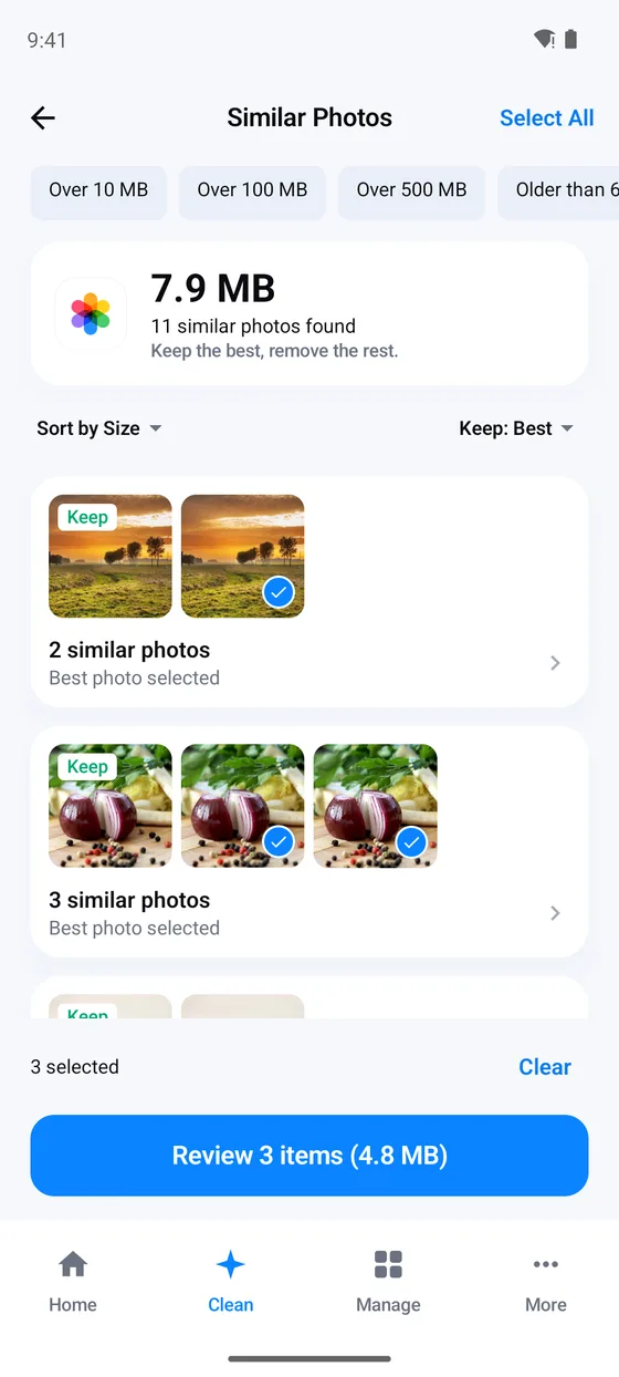 Similar Photos: 11 similar photos found, 7.9 MB, in groups with the best photo of each marked Keep and the others selected, and a Review 3 items button