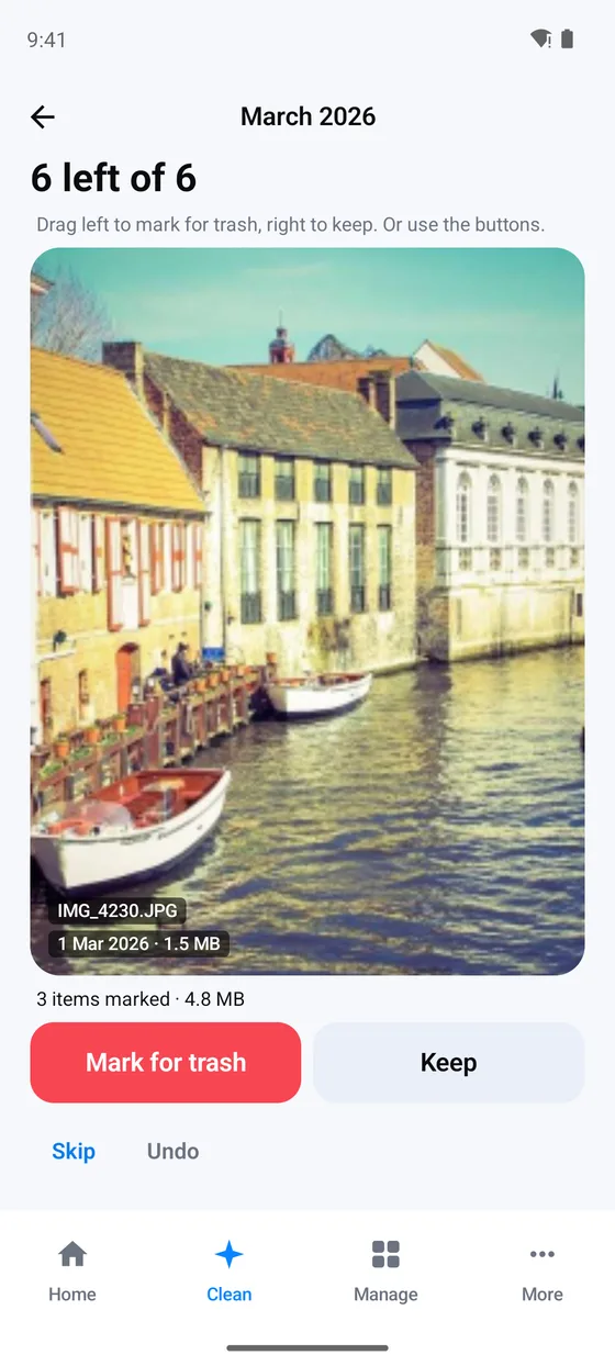 Swipe review for March 2026: 6 left of 6, a photo of a canal with old houses, Mark for trash and Keep buttons, and 3 items marked so far