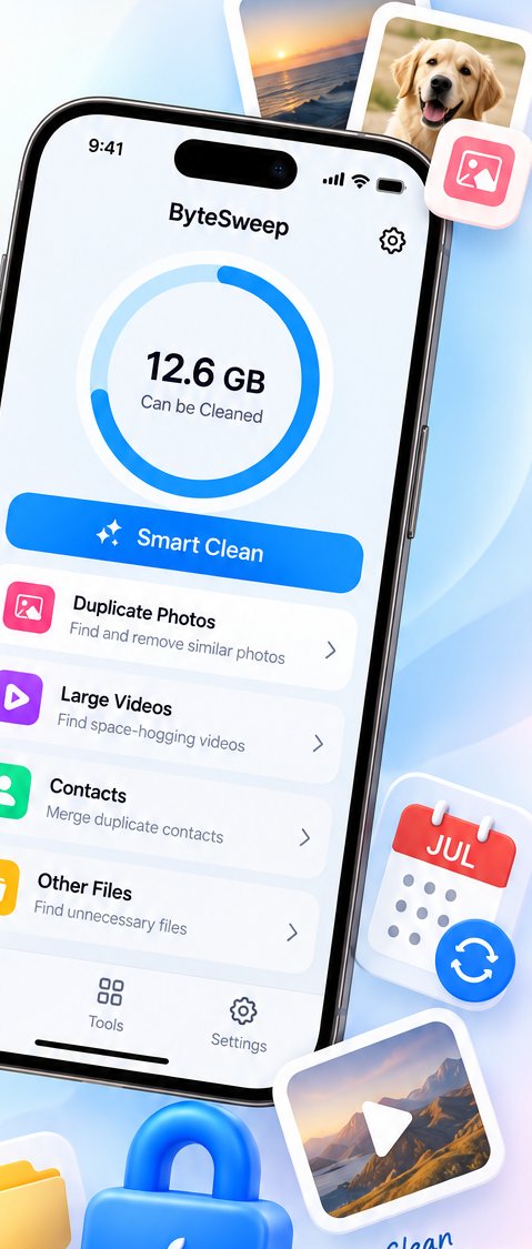 Bytesweep Phone Cleaner showing 12.6 GB that can be cleaned, with Duplicate Photos, Large Videos, Contacts and Other Files listed
