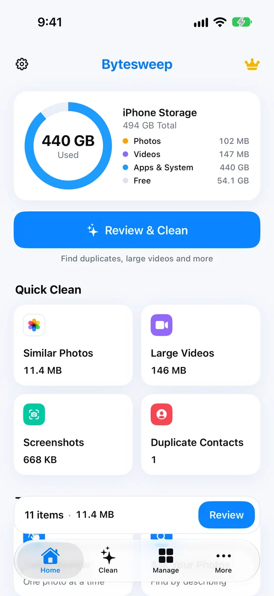 Bytesweep Storage Cleaner on an iPhone: a storage ring with 440 GB used, a Review and Clean button, and similar photos, large videos, screenshots and duplicate contacts with their sizes.