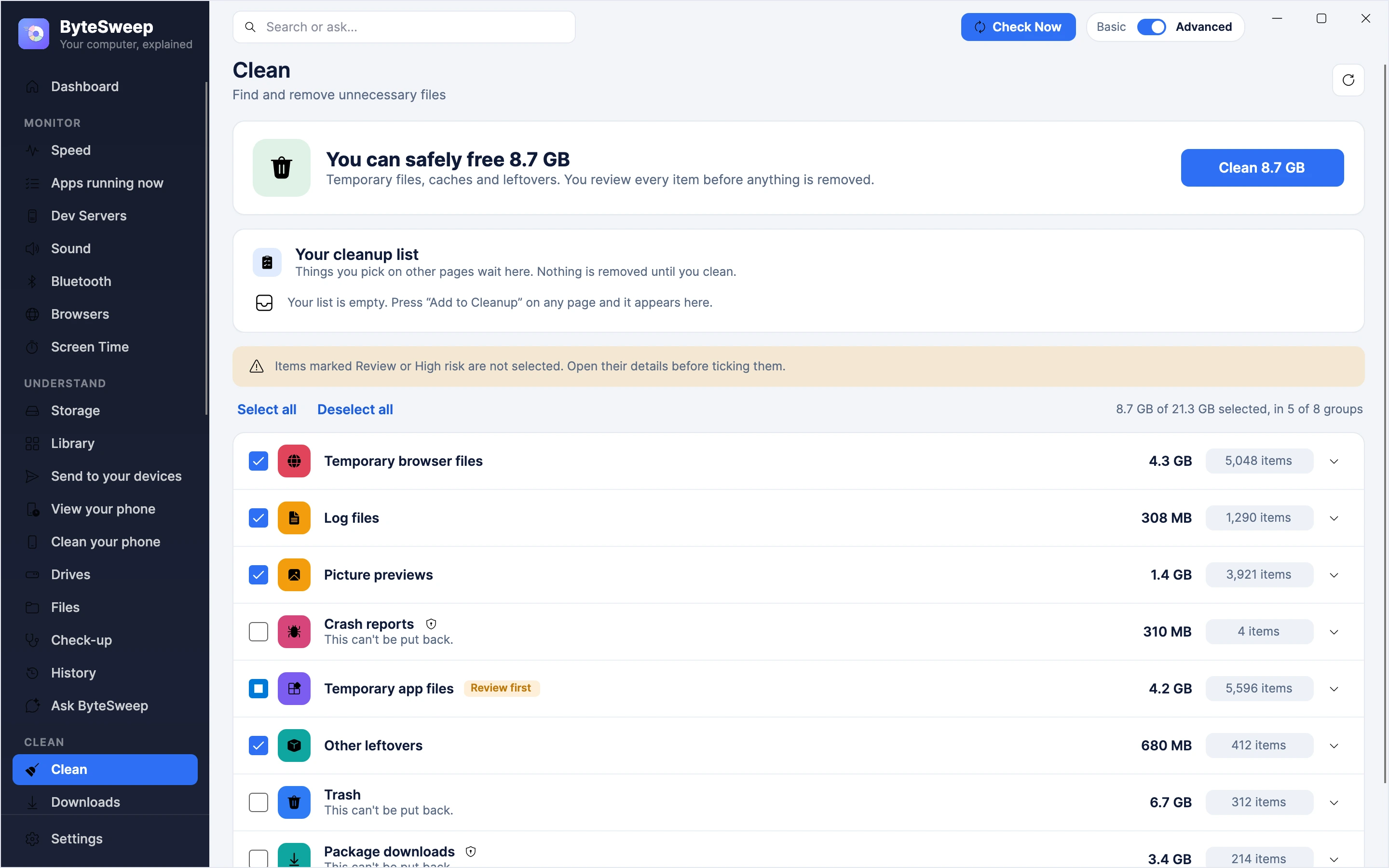 ByteSweep Clean page on Linux: you can safely free 8.7 GB across browser files, picture previews, crash reports, logs and package downloads, with temporary app files to review first