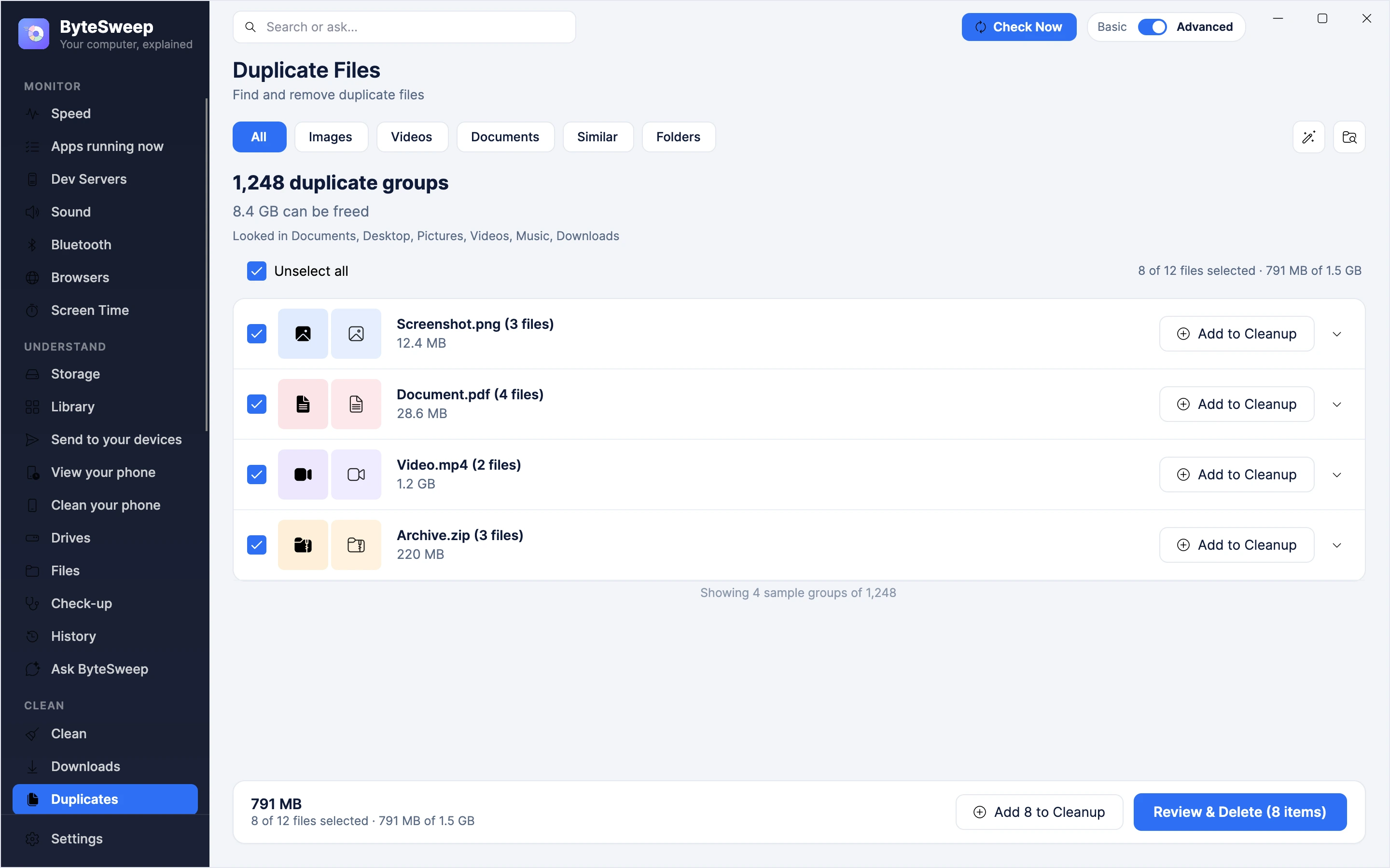 Duplicates: 1,248 groups of identical files, 8.4 GB that can be freed, found in Documents, Desktop, Pictures, Videos, Music and Downloads