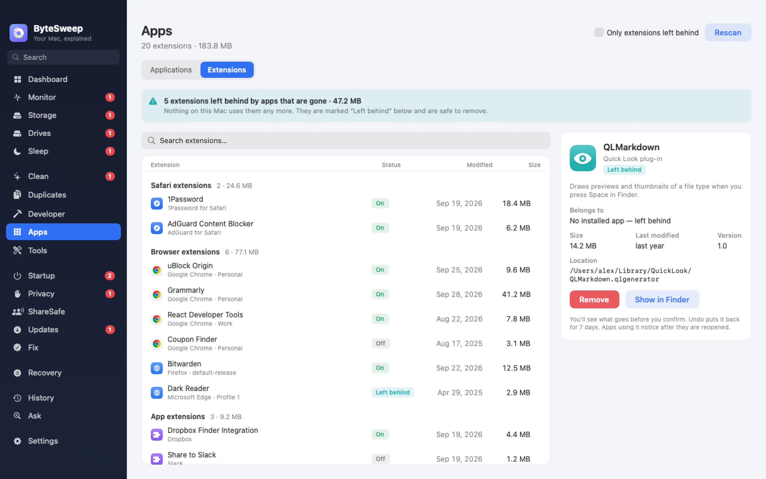 Bytesweep Extensions tab: Safari, browser and app extensions with their status, including ones left behind by deleted apps