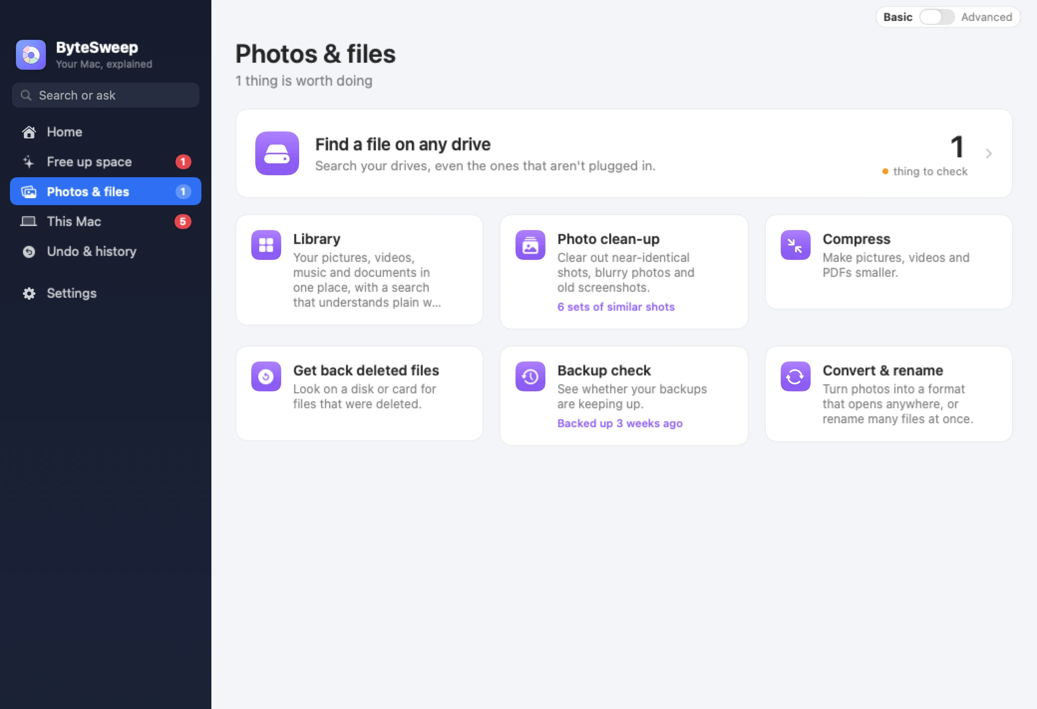 What ByteSweep does with photos and files: the Library, Photo clean-up, Compress, Get back deleted files, Backup check, and Convert and rename.