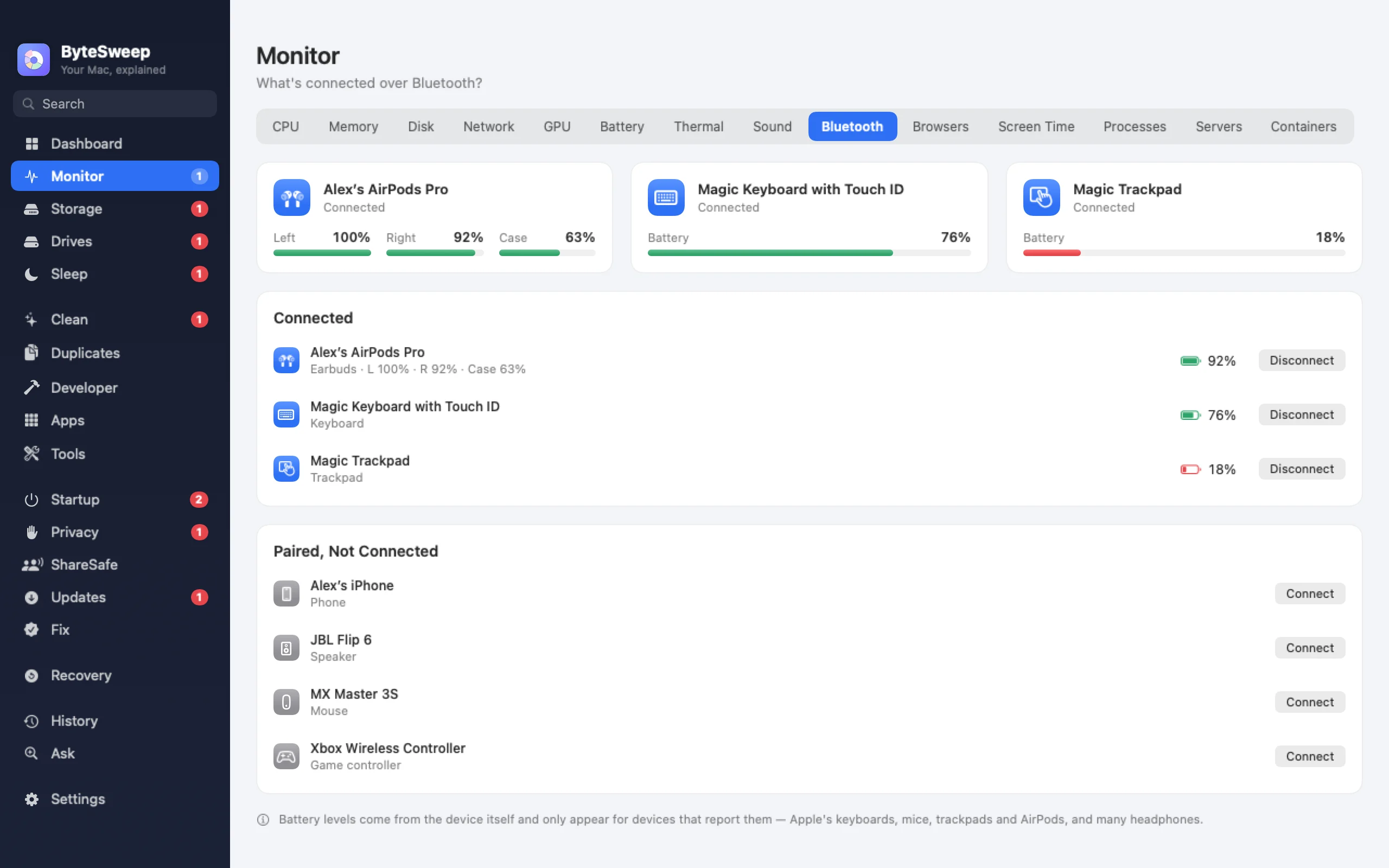 Bytesweep Bluetooth page: AirPods Pro, keyboard and trackpad with battery levels and Disconnect buttons
