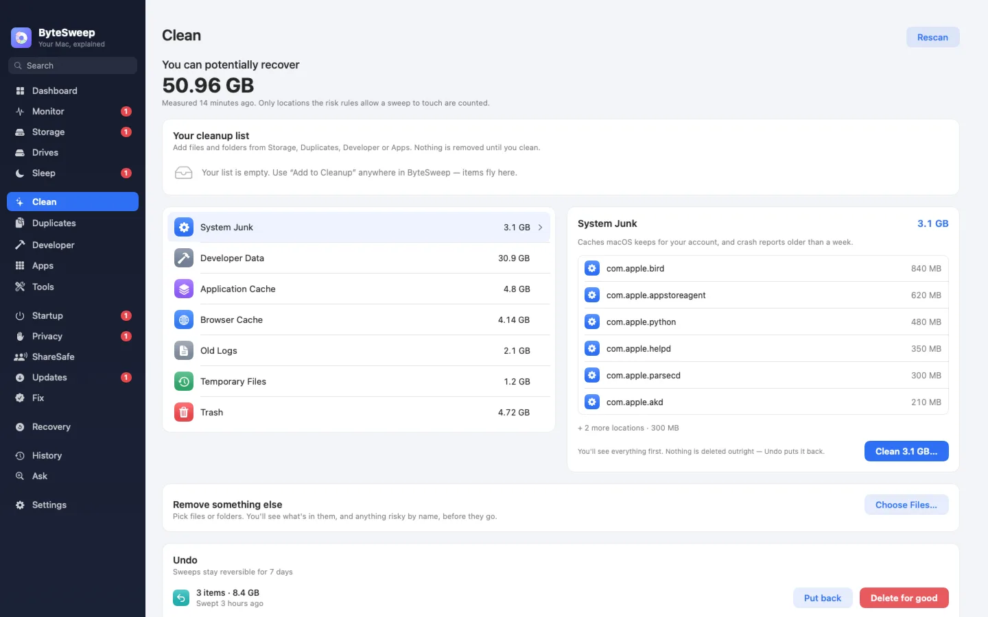 Clean: 50.96 GB can be recovered across system junk, developer data, app and browser caches, old logs, temp files and Trash, each with its locations and a 7-day undo