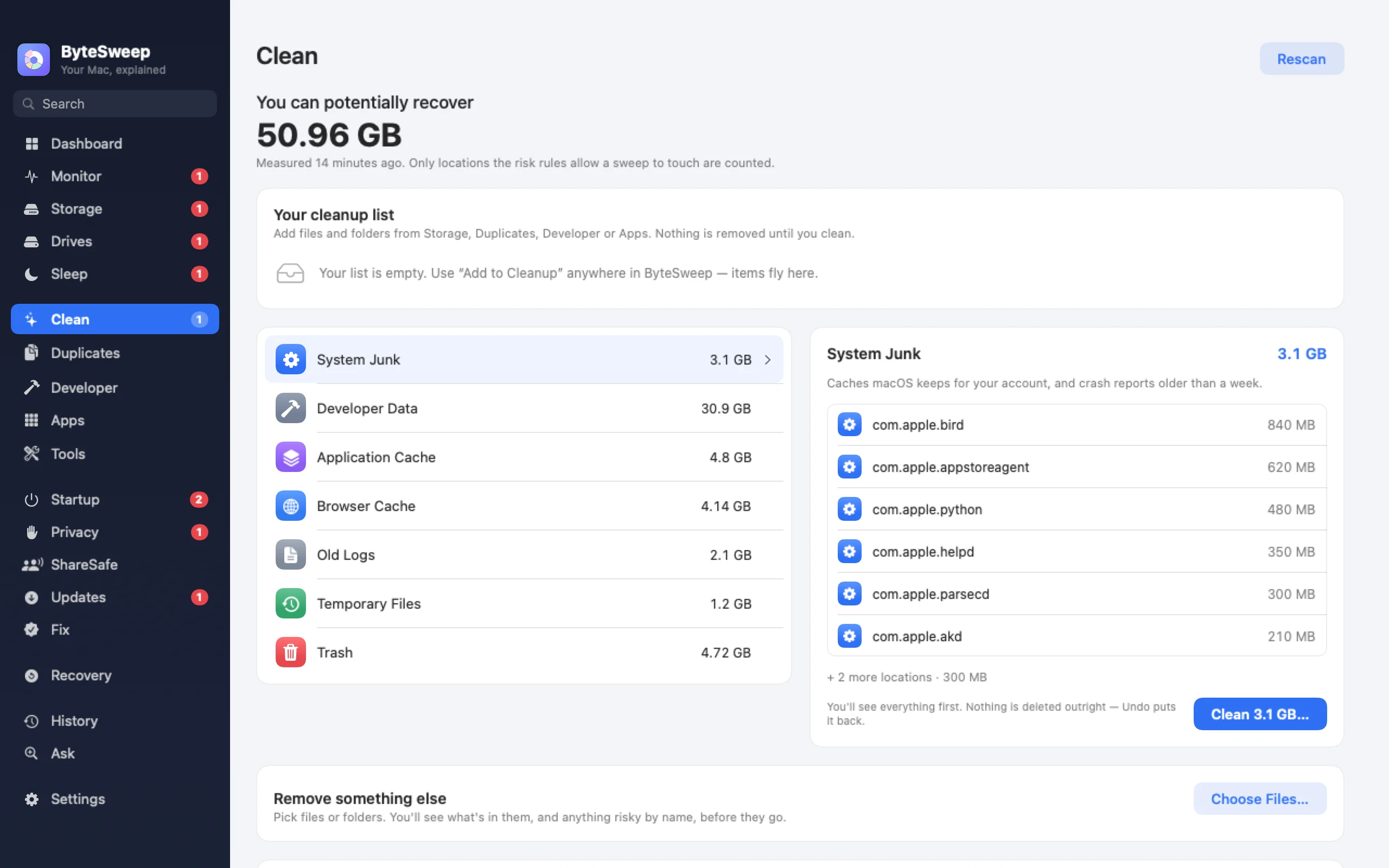 Bytesweep Aufräumen auf dem Mac: Systemmüll, App-Caches, Browser-Caches, Protokolle und temporäre Dateien, jeweils mit Größe und Einstufung