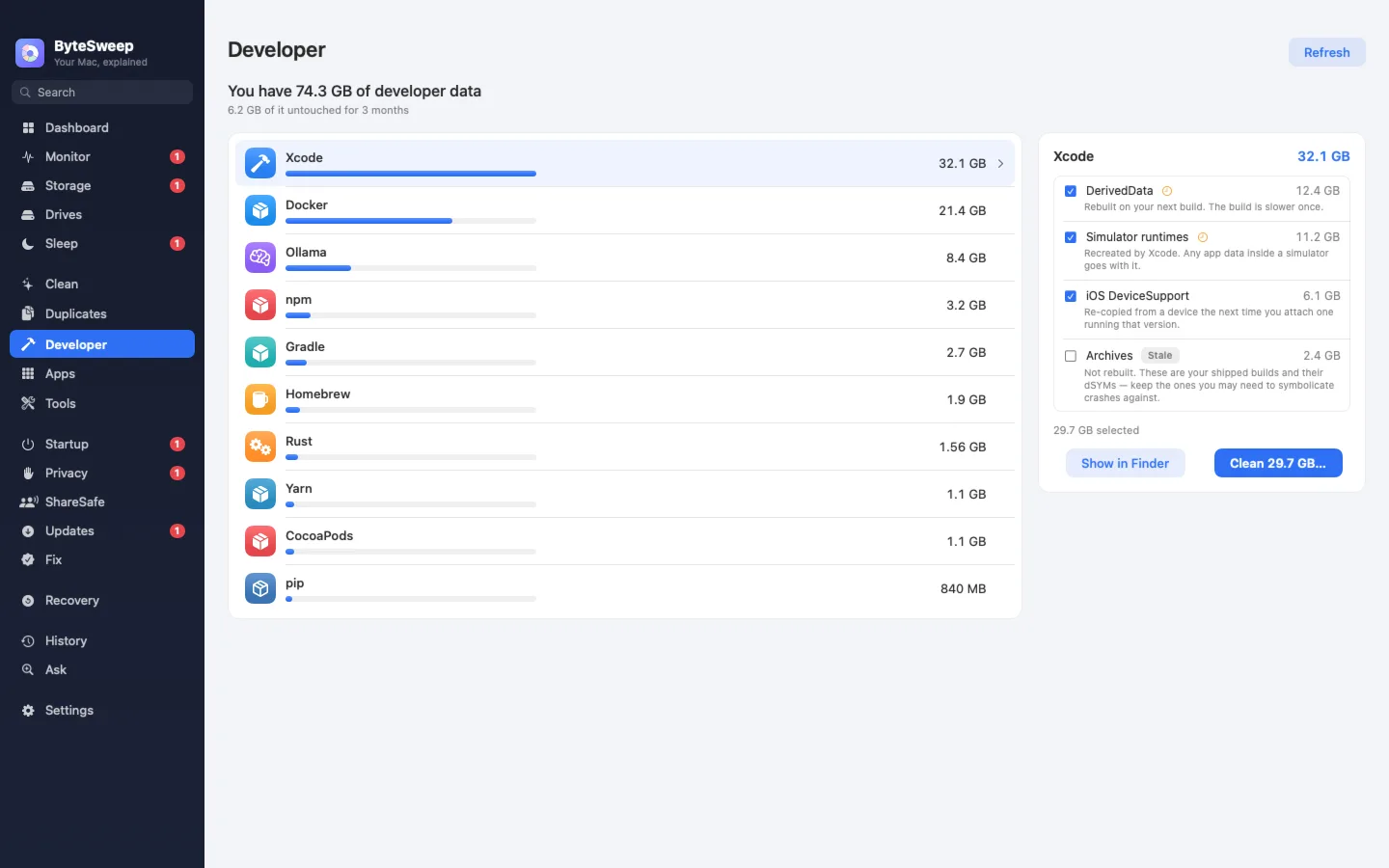 Developer data: Xcode, Docker, npm and more, each item saying what it is and what removing it does