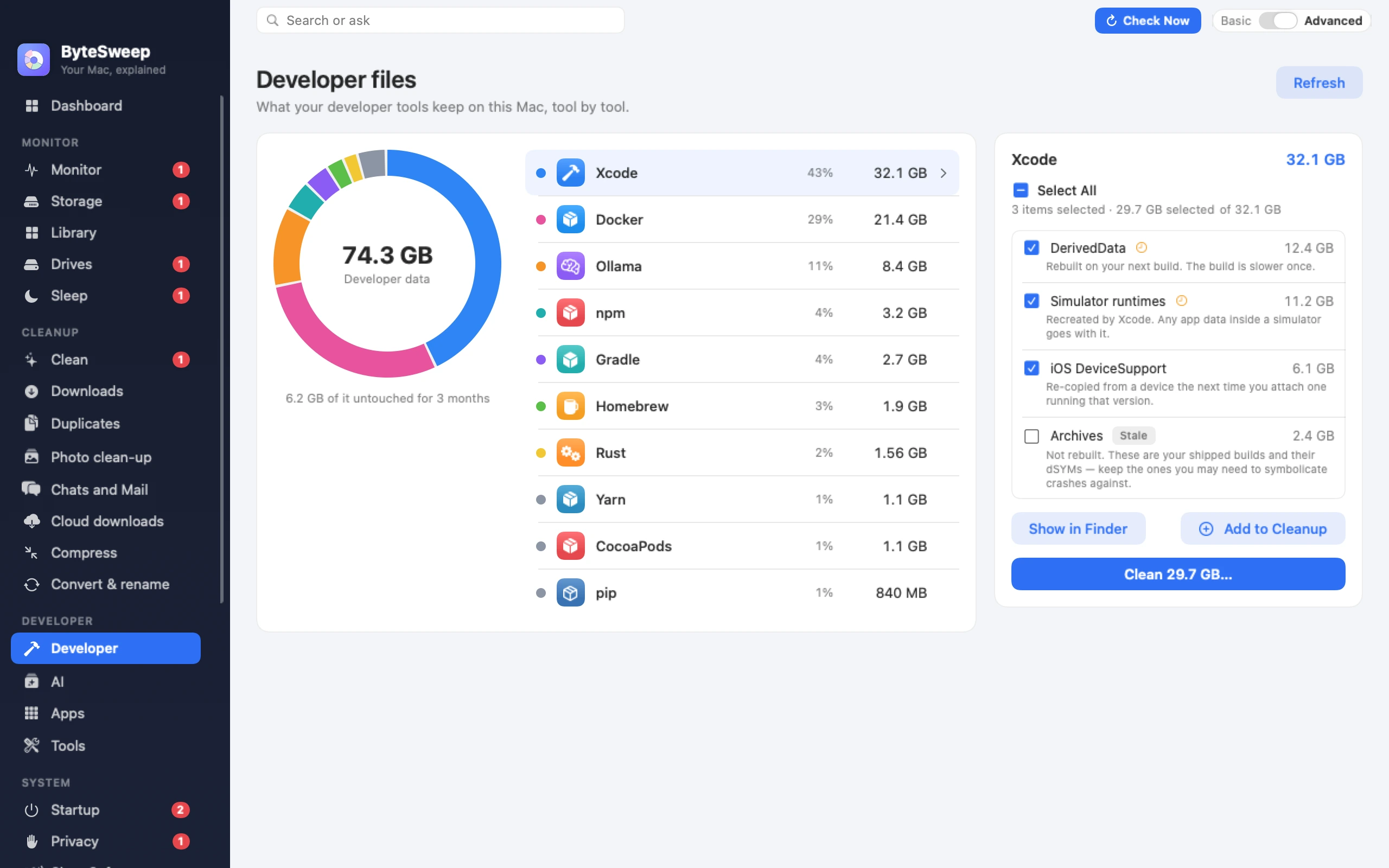 Developer data: Xcode, Docker, npm and more, each item saying what it is and what removing it does