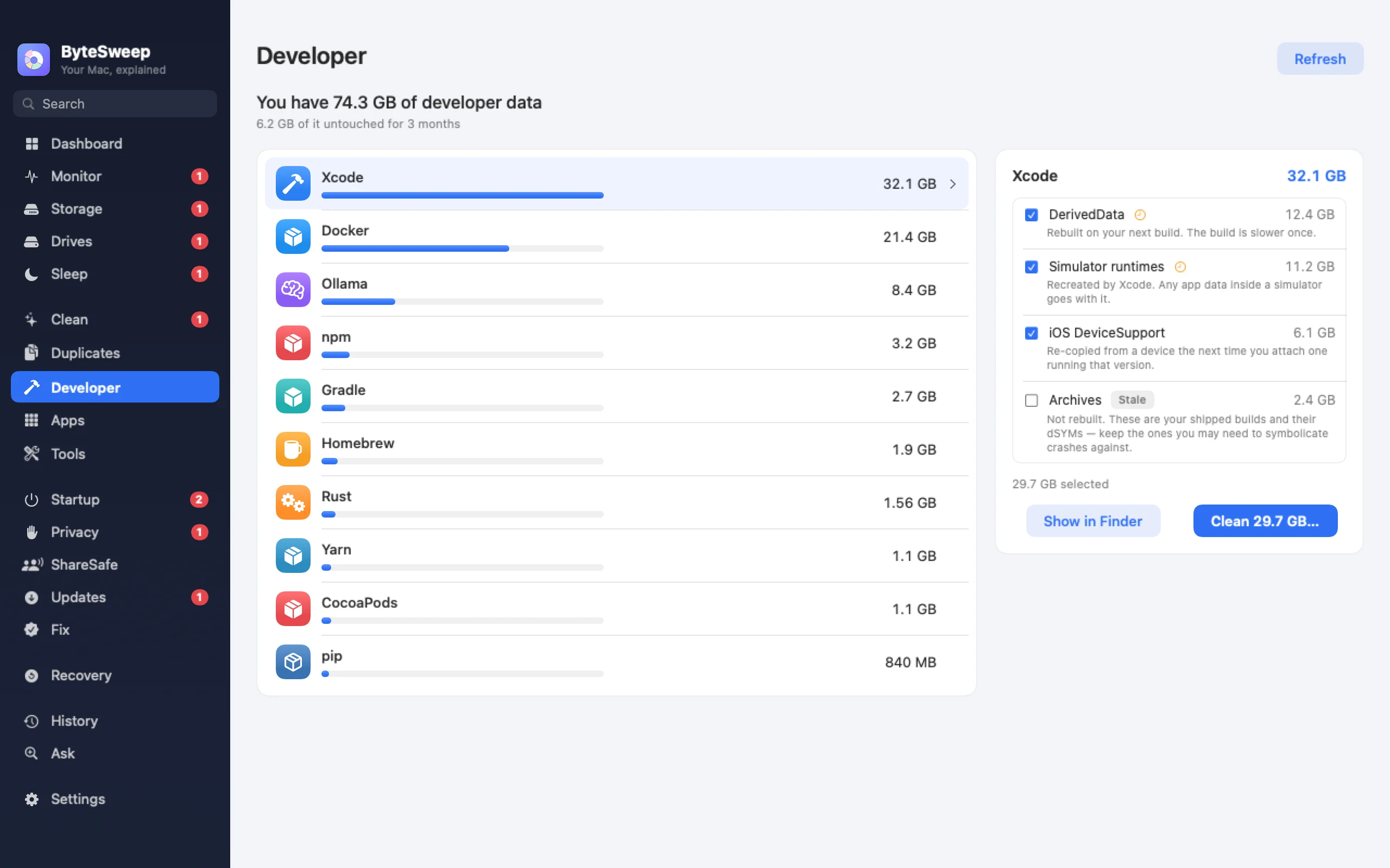 Page Développeur de Bytesweep : caches de Xcode, Docker, Ollama, npm et autres avec leur taille
