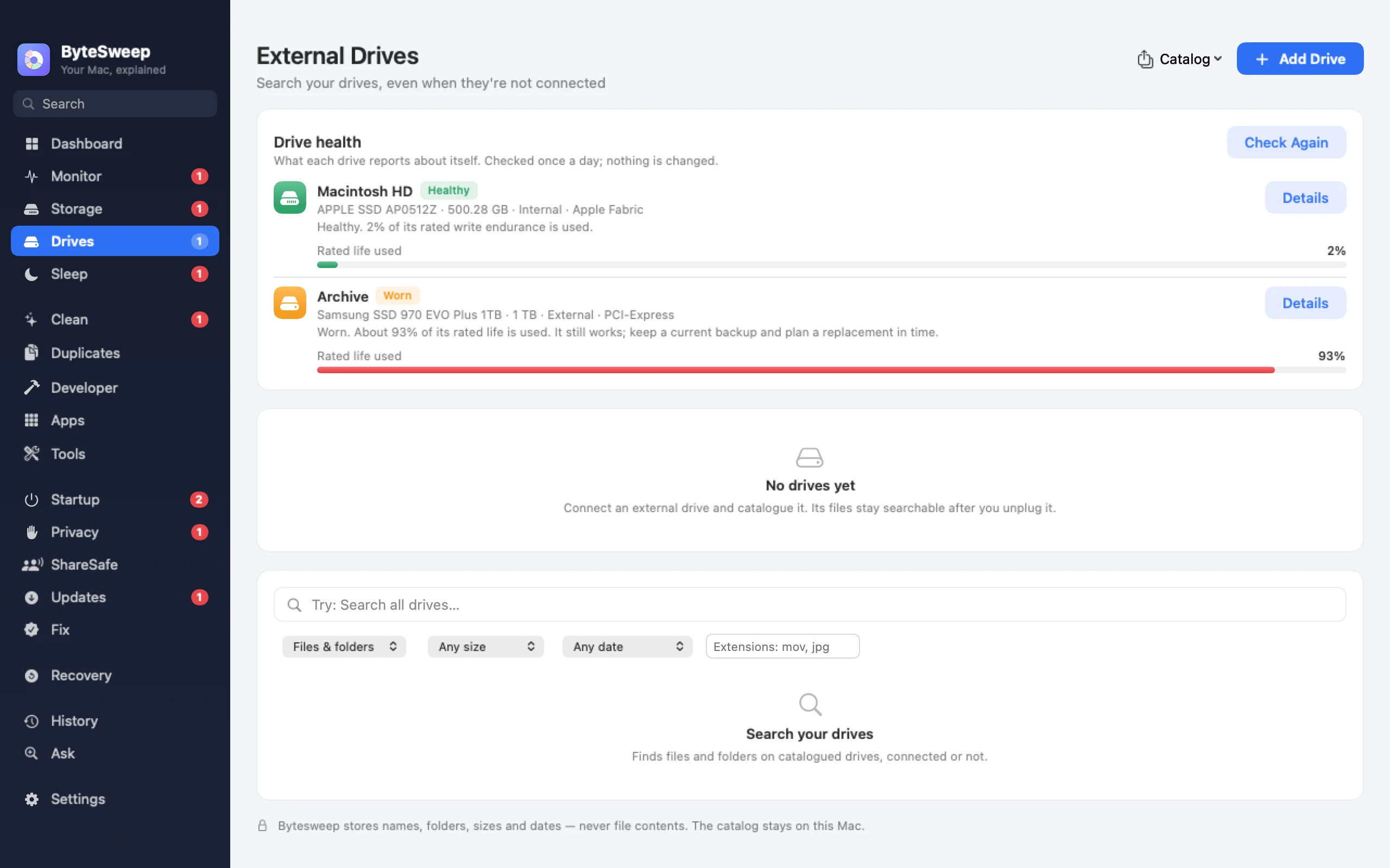 Bytesweep Drives page on a Mac: drive health for the internal SSD and an external archive drive, and a search across cataloged drives