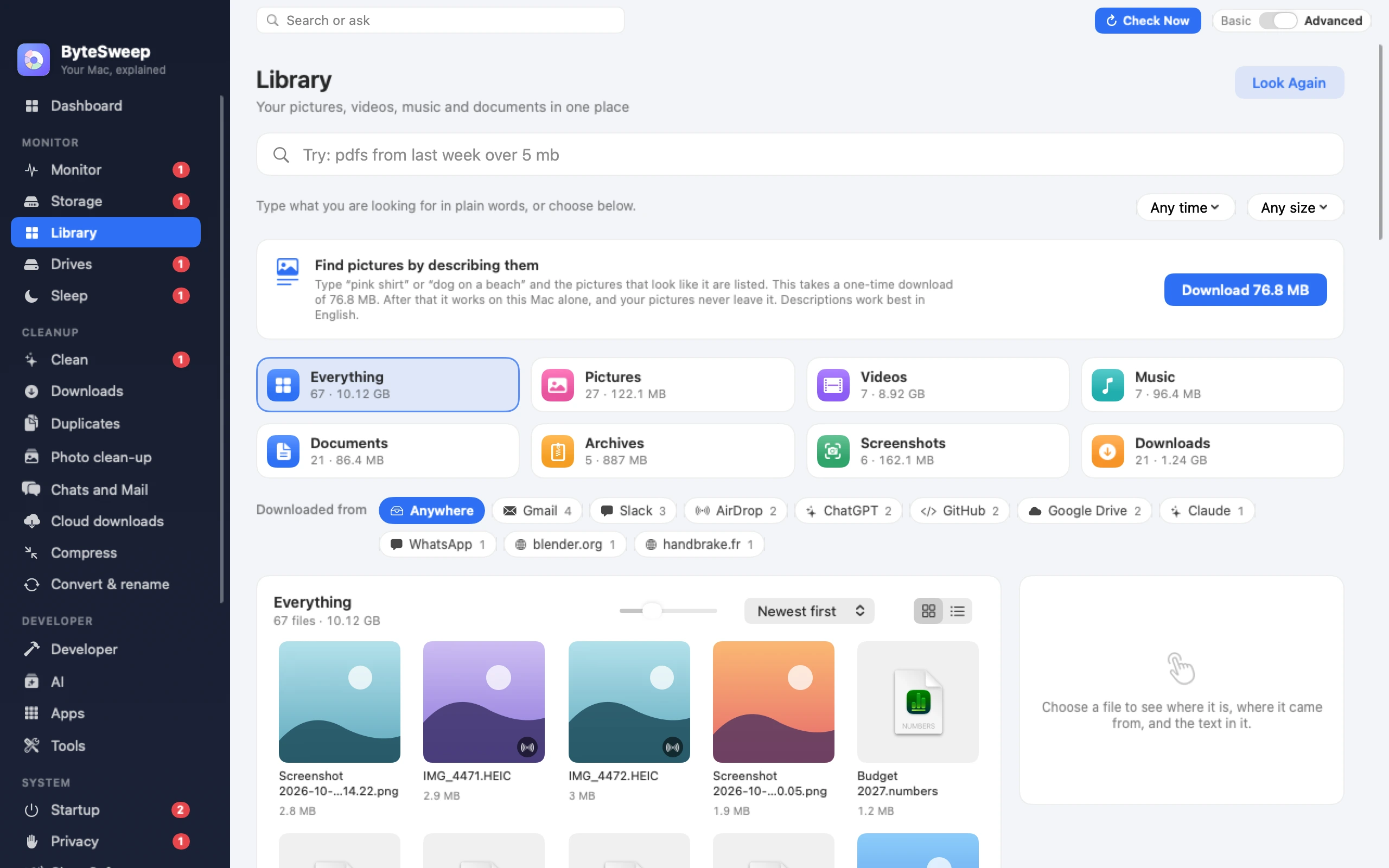 The Library in ByteSweep for Mac. Under the search box, a row headed Find pictures by describing them offers a one-time download of 76.8 MB.