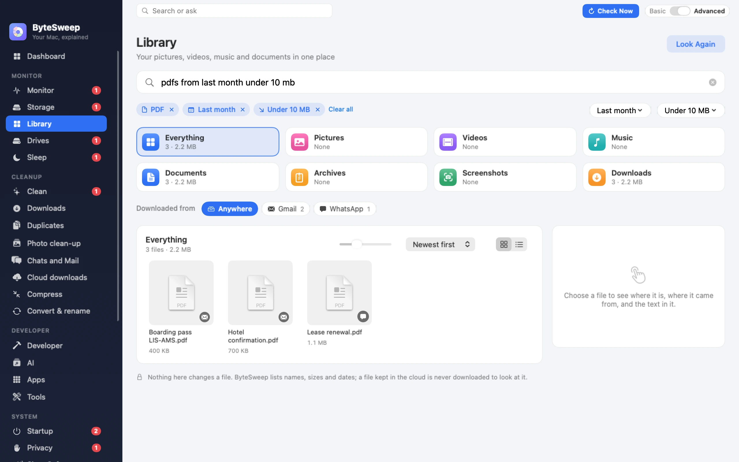 The Library in ByteSweep for Mac. The sentence pdfs from last month under 10 mb is read as three filters, PDF, Last month and Under 10 MB, and three files are listed.