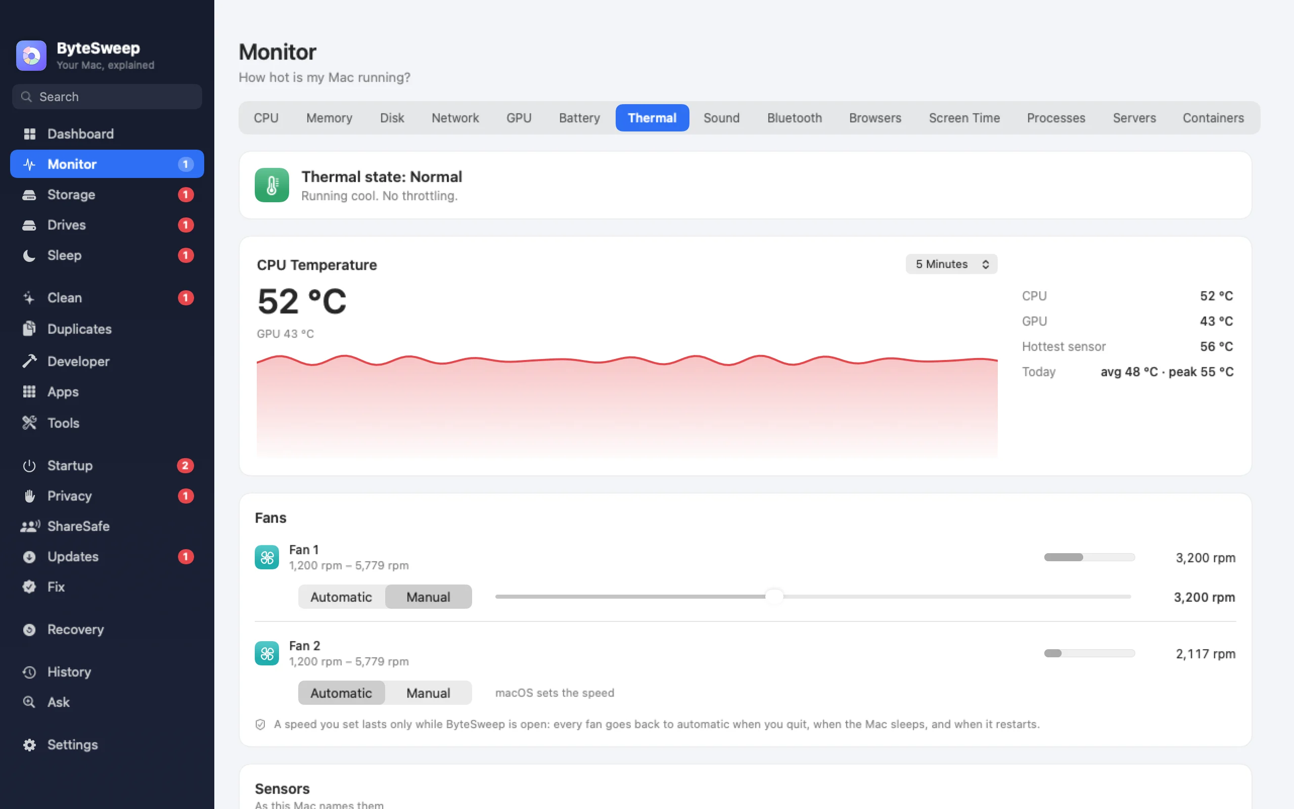 Bytesweep-Seite Temperatur: CPU- und GPU-Temperaturen, Lüfterdrehzahlen und die Apps, die die Lüfter laufen lassen