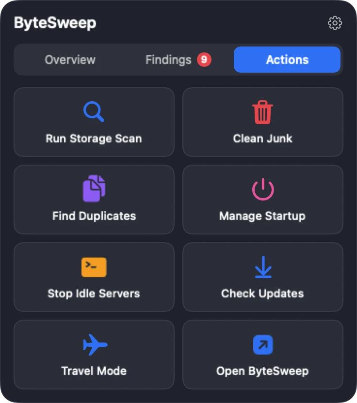 Die Aktionen im Notch-Bereich: Speicherscan ausführen, Ballast aufräumen, Duplikate finden, Autostart verwalten, inaktive Server stoppen, Updates prüfen, Reisemodus und Bytesweep öffnen