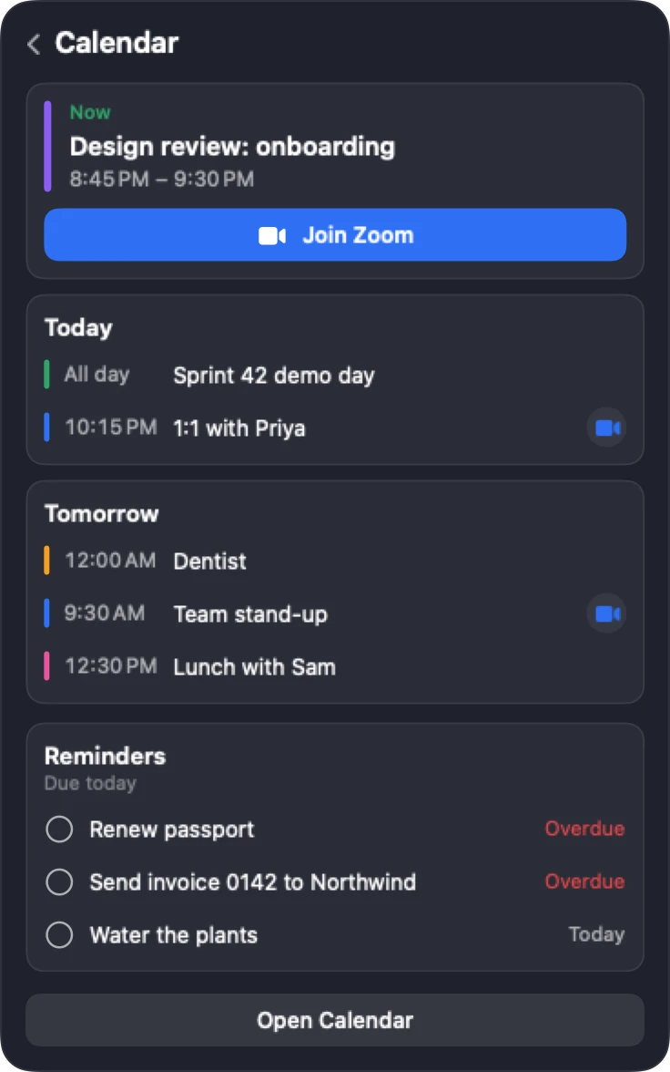 The Calendar page under the notch: a meeting happening now with a Join Zoom button, today and tomorrow, and reminders due today