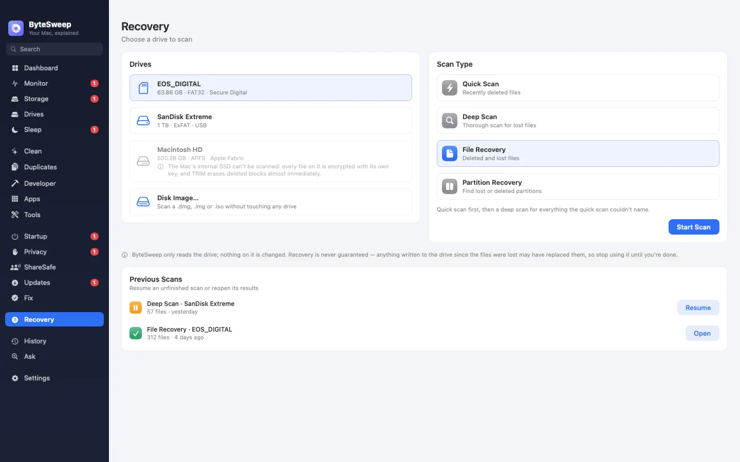 Recovery: choose a drive or disk image to scan for deleted files