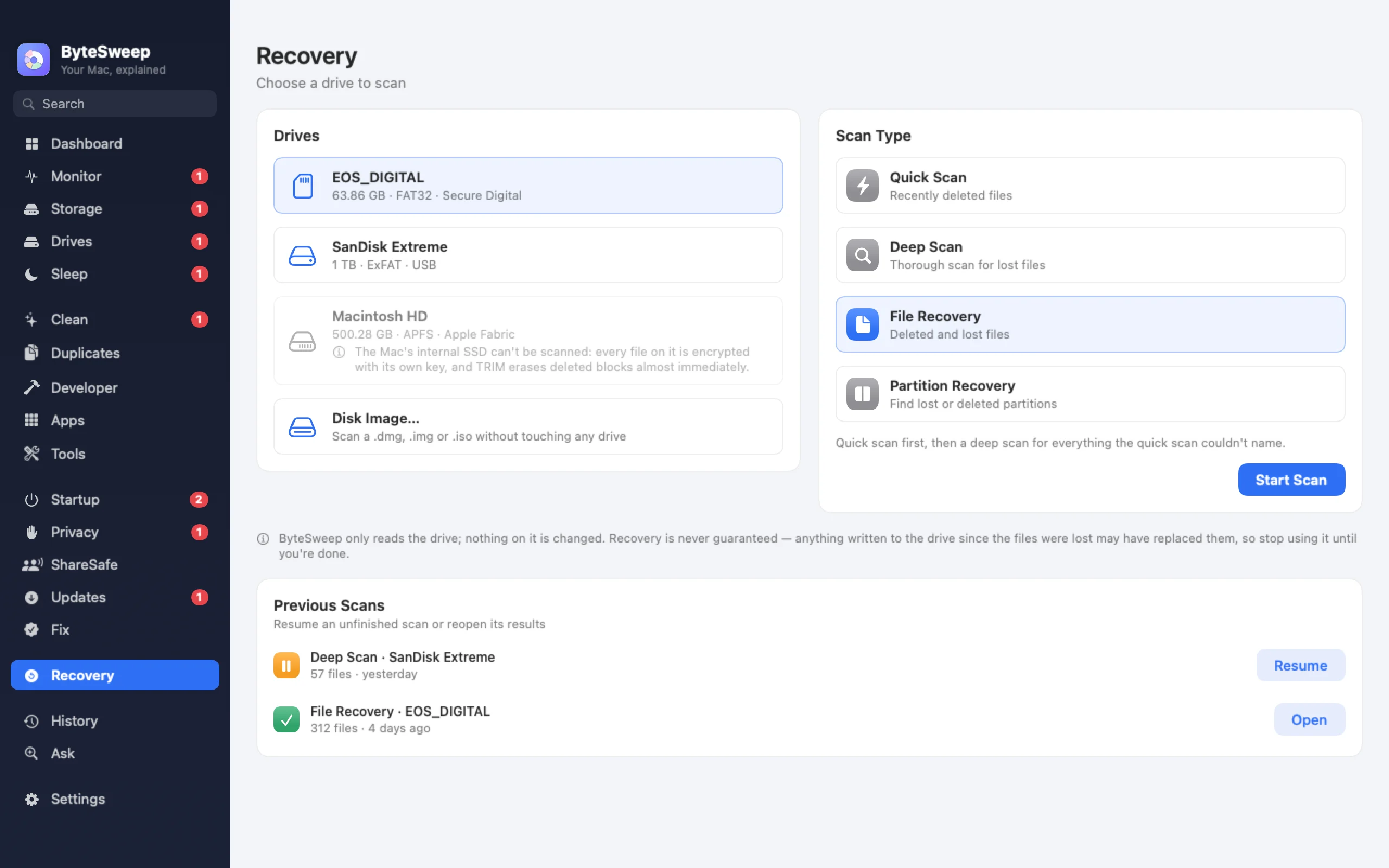Bytesweep Recovery on a Mac: deep scan of an SD card listing recoverable photos and videos