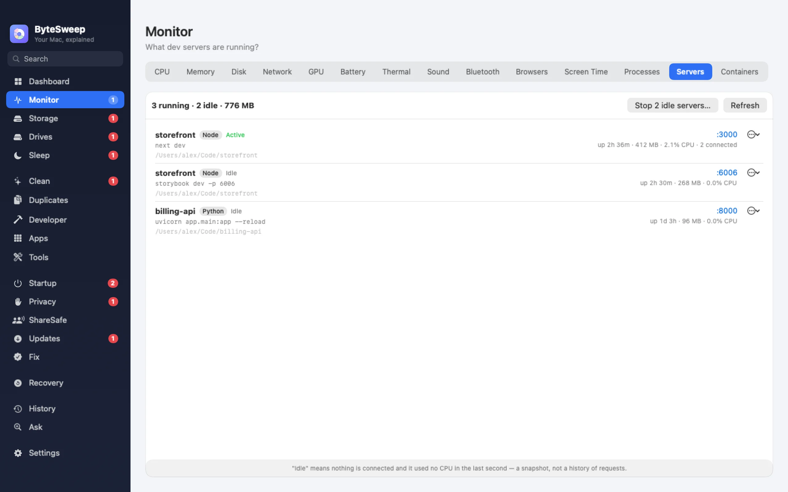 Page Serveurs de Bytesweep : trois serveurs de dev en cours d’exécution avec leur projet, runtime, port et temps d’inactivité
