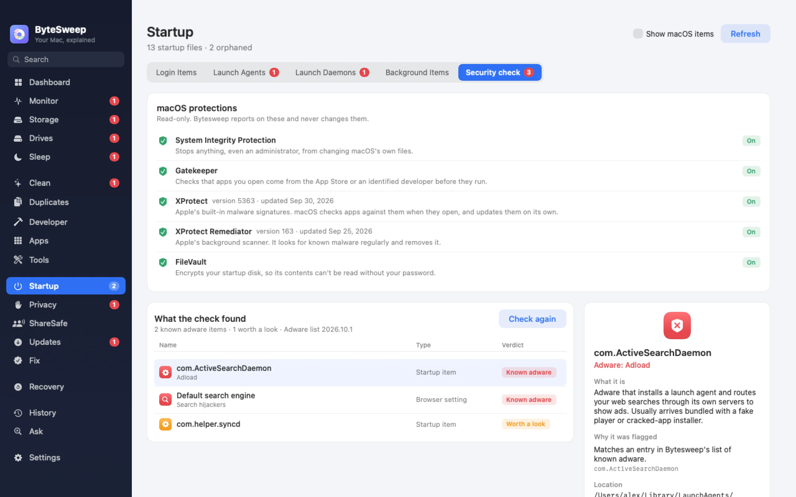 Bytesweep Startup security check on a Mac: macOS protections switched on, and a known adware launch agent found