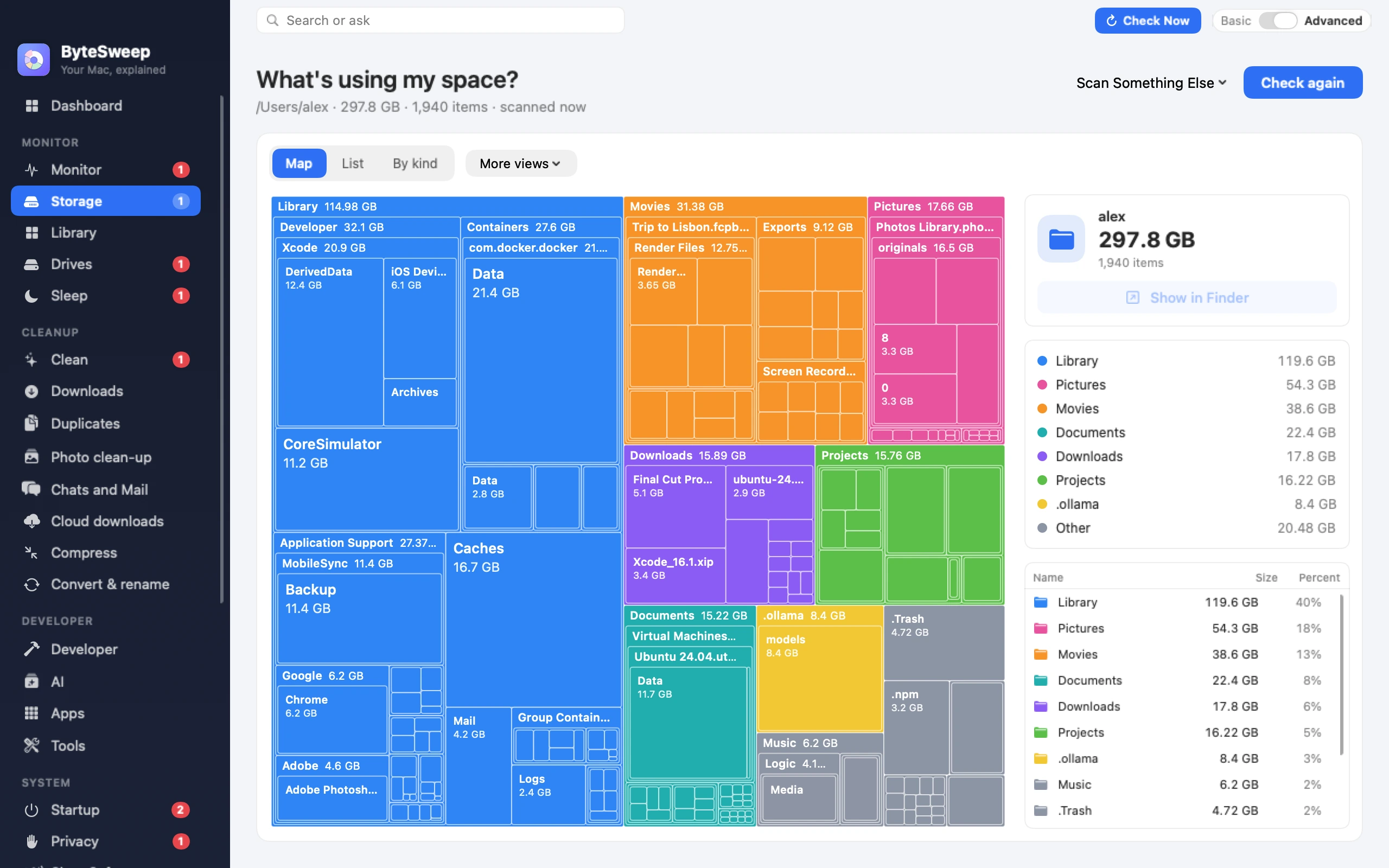 Storage: treemap of a 297.8 GB home folder by category