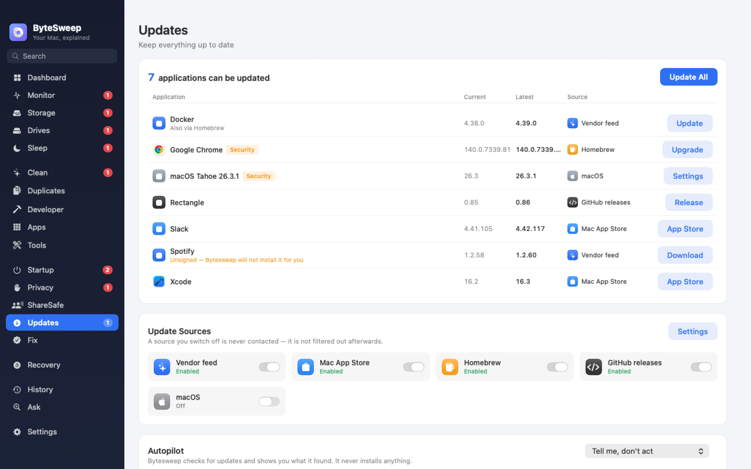 Bytesweep Updates on a Mac: seven apps with updates from vendor feeds, Homebrew, GitHub and the App Store