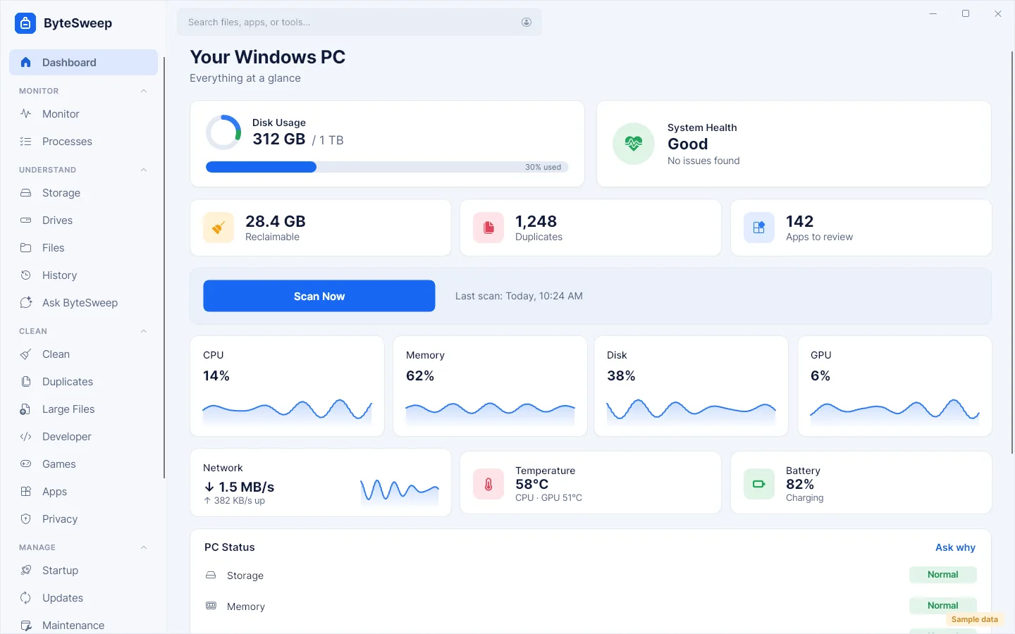 Bytesweep for Windows dashboard